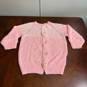 Vintage ‎ Cardigan Hand Knitted Sweater Pink Bobble Detail Buttons Adorable